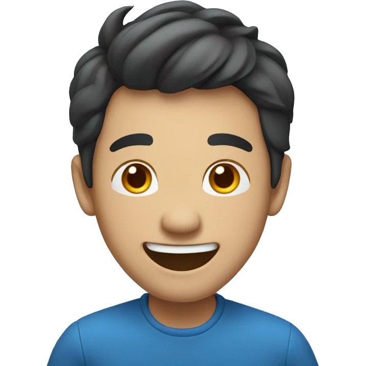 Asian man laughing, blue cloth, big smile, young hair style emoji