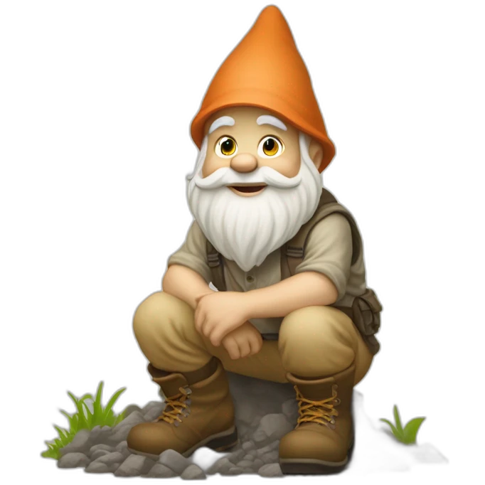 side view of gnome with light tan pants and light tan boots squatting in front of small dirt pile emoji