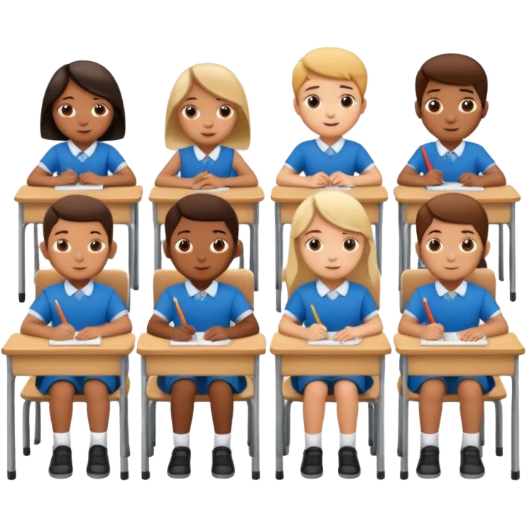 five school children not wearing uniform sitting in a row behind their school desks emoji