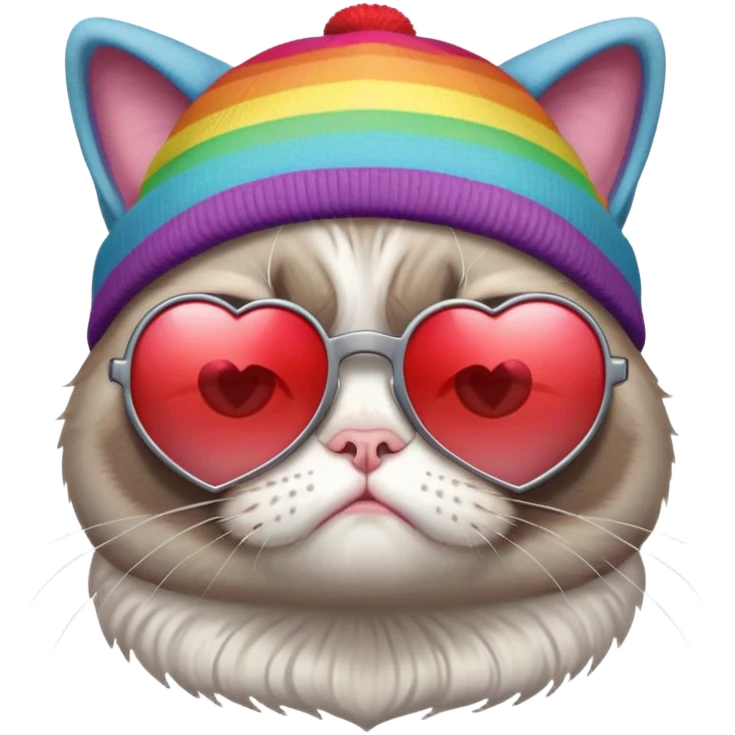 grumpy cat wearing a rainbow beanie and heart-shaped sunglasses emoji