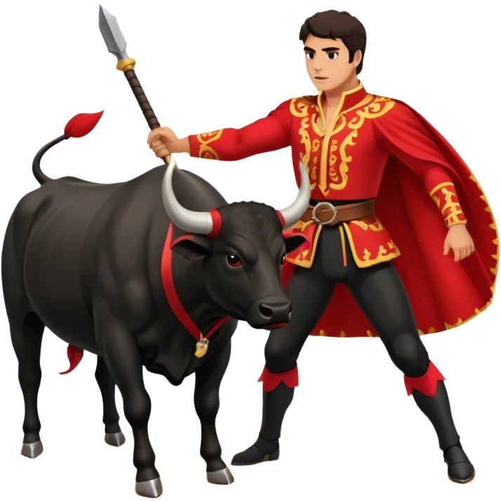 Create a realistic image of a traditional bullfighting scene in a Spanish arena.
Show a bullfighter (matador) HOLDING a red cape (muleta) not wearing one. as a powerful black bull charges toward it. emoji