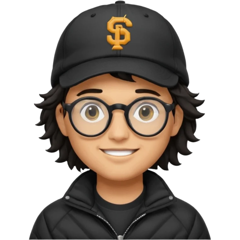 Young man wearing a black puffer jacket, black baseball cap with a small logo, round black glasses, wavy hair peeking out from under the cap, smiling emoji