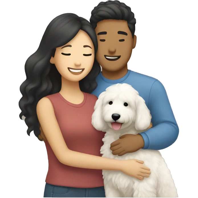 asian couple hugging with a white goldendoodle emoji