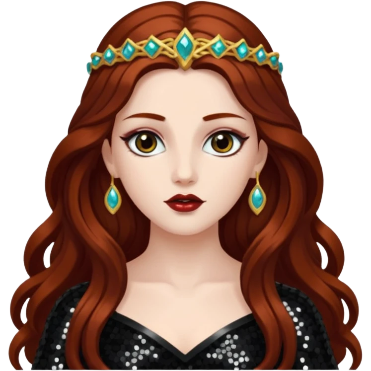 Persephone, Goddess of Death from Gods and Goddesses with long dark auburn hair, black sequin outfit emoji