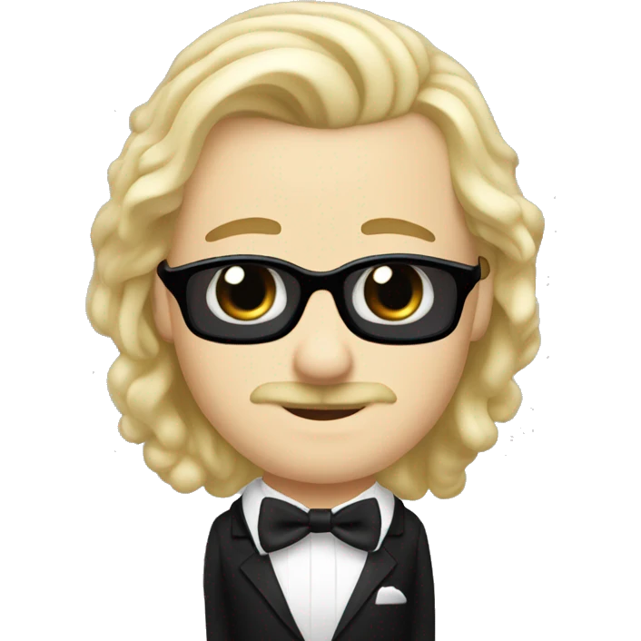 White man long blonde hair wearing a black tuxedo with white bow tie small moustache emoji