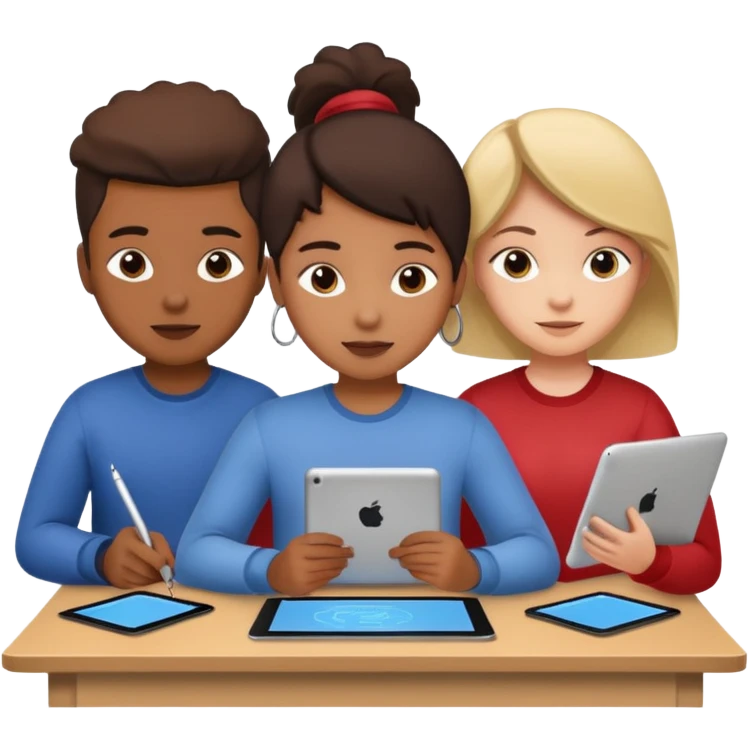 three students collaborating on design with drawing tablets and computers emoji