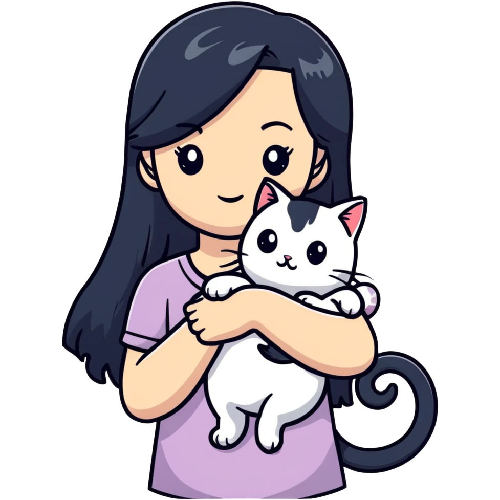 Beautiful girl with long black hair holding a hairless cat emoji