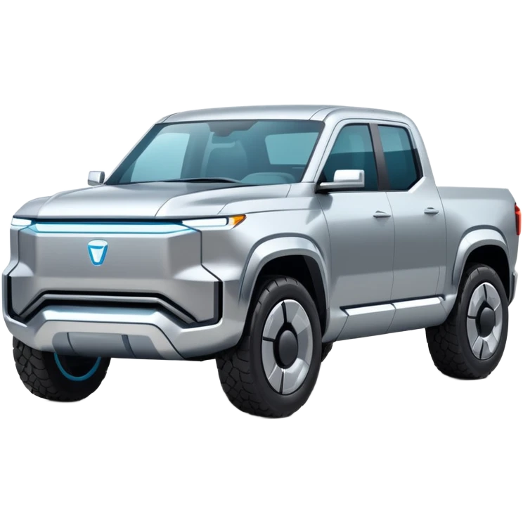 A futuristic electric pickup truck emoji, silver chrome body, angular cyber design, smooth metallic panels, subtle reflections, minimalistic proportions, iOS emoji style, centered composition, clean white background, soft lighting emoji