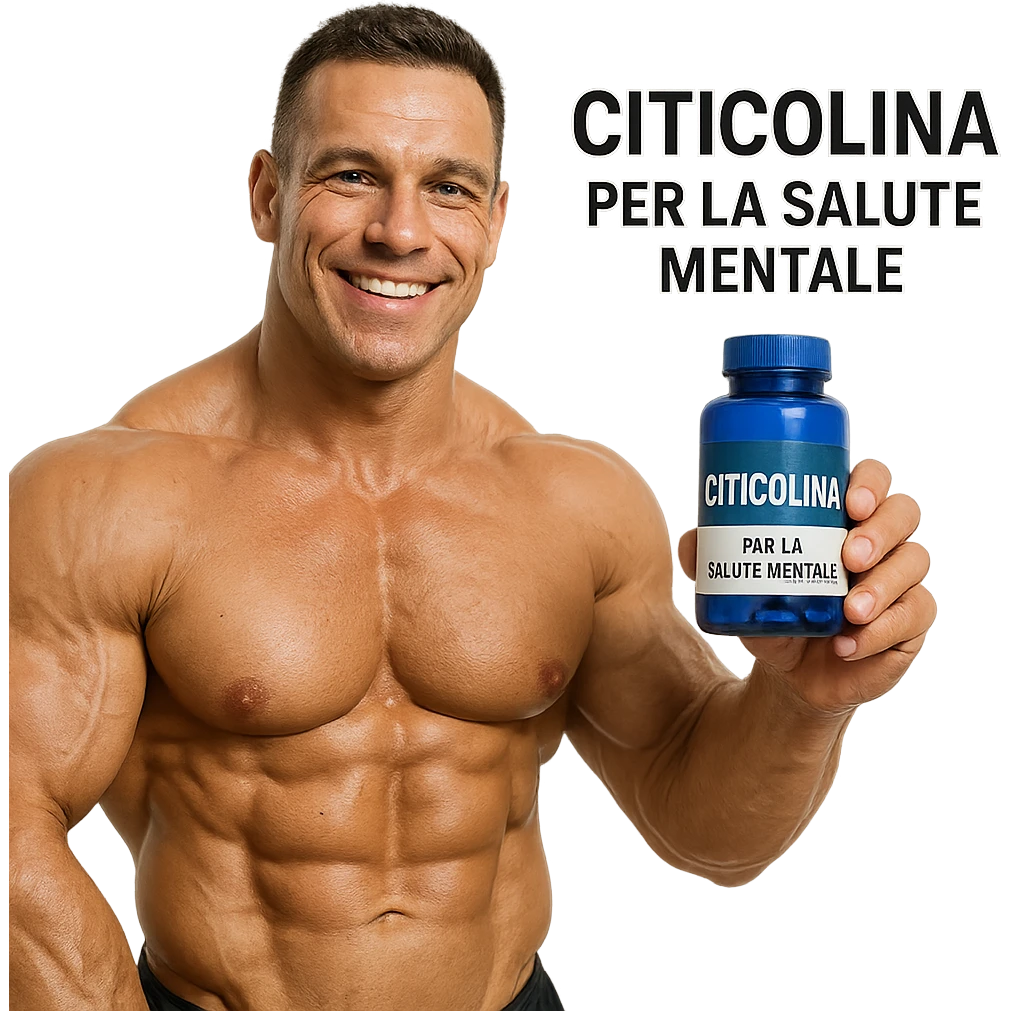 hyper realistic bodybuilder showing blue bottle of Citicolina with smile, defined muscles, text 'Citicolina per la salute mentale', positive atmosphere, white background emoji