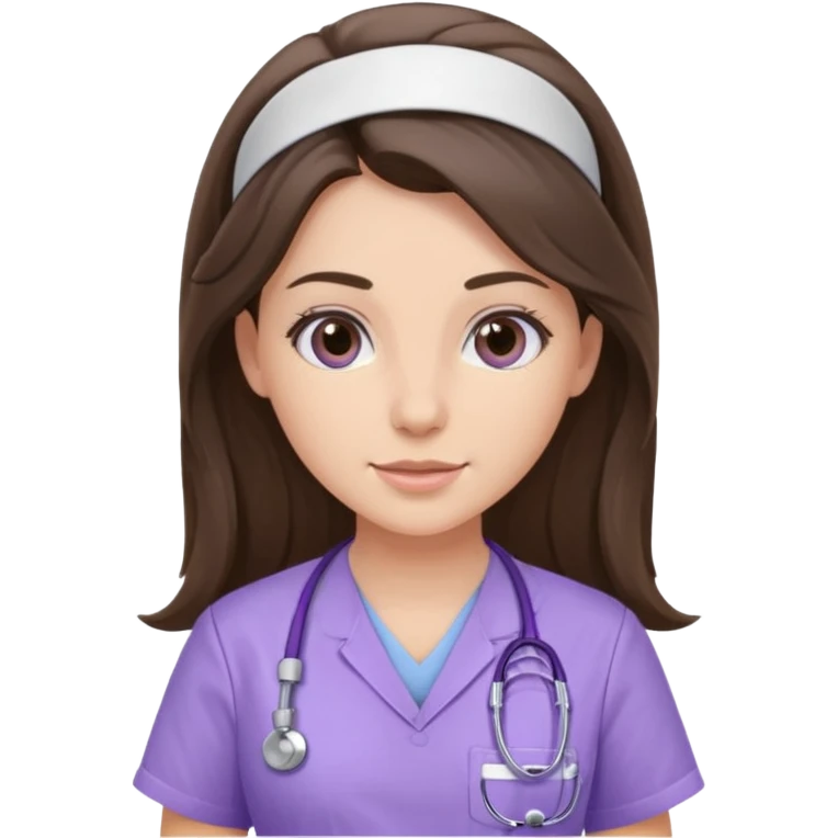 pretty brunette nurse with long hair in lilac scrubs emoji