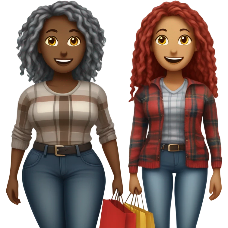 A very Curvy woman with gray locs in pants with shopping bag.  The other very curvy woman is brown with red locs in a skirt with plaid sweater shopping at yardsale emoji