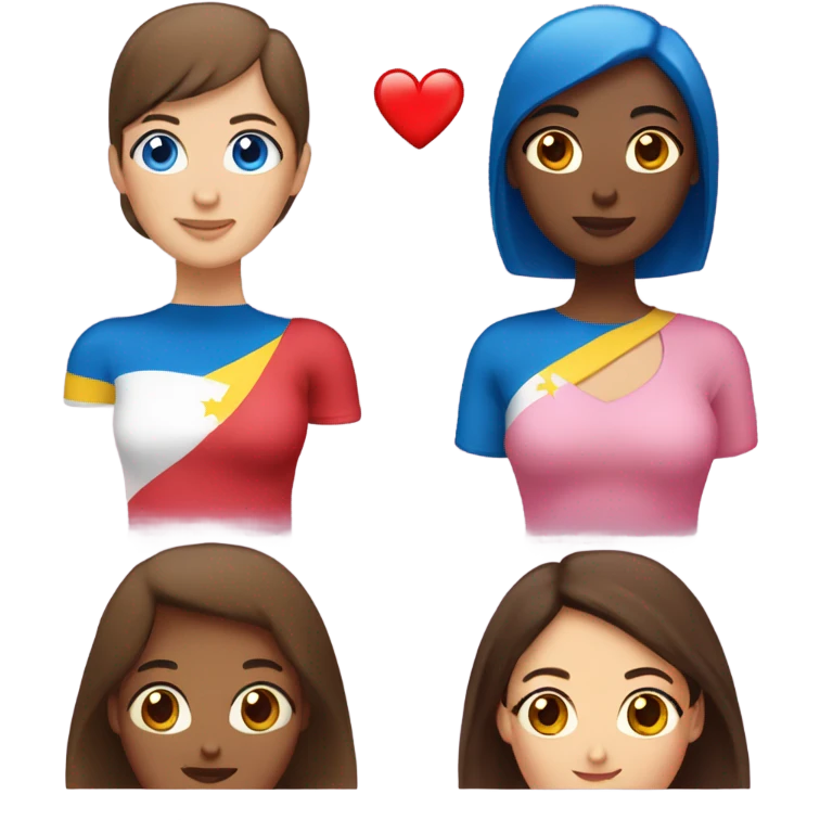 two ladies in love with a heart. the one on the left is a white lady with blue eyes and a brown bob with a pink shirt. the second is a venezuelan lady with brown eyes and dark brown hair with a red dress emoji