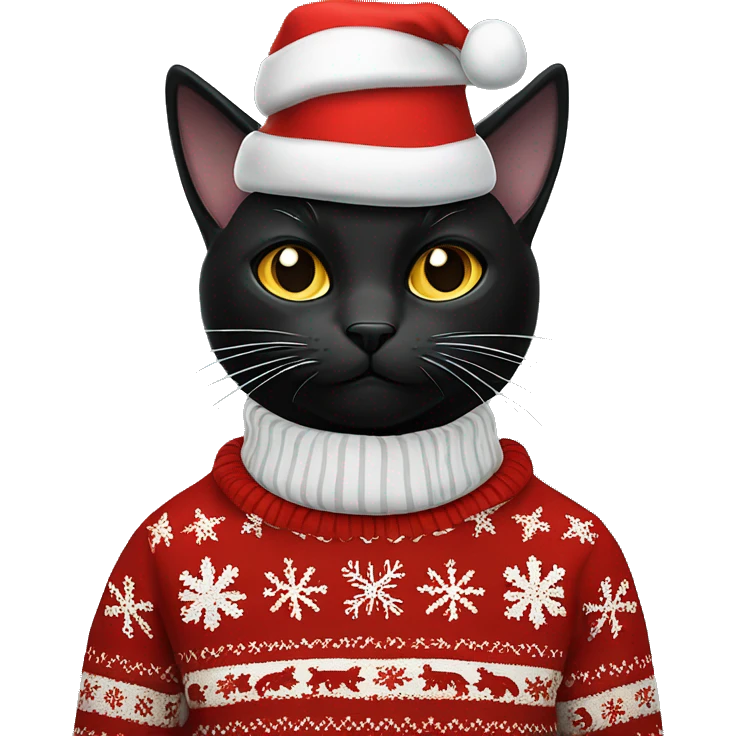 Black cat wearing Christmas sweater and a top hat ￼ emoji