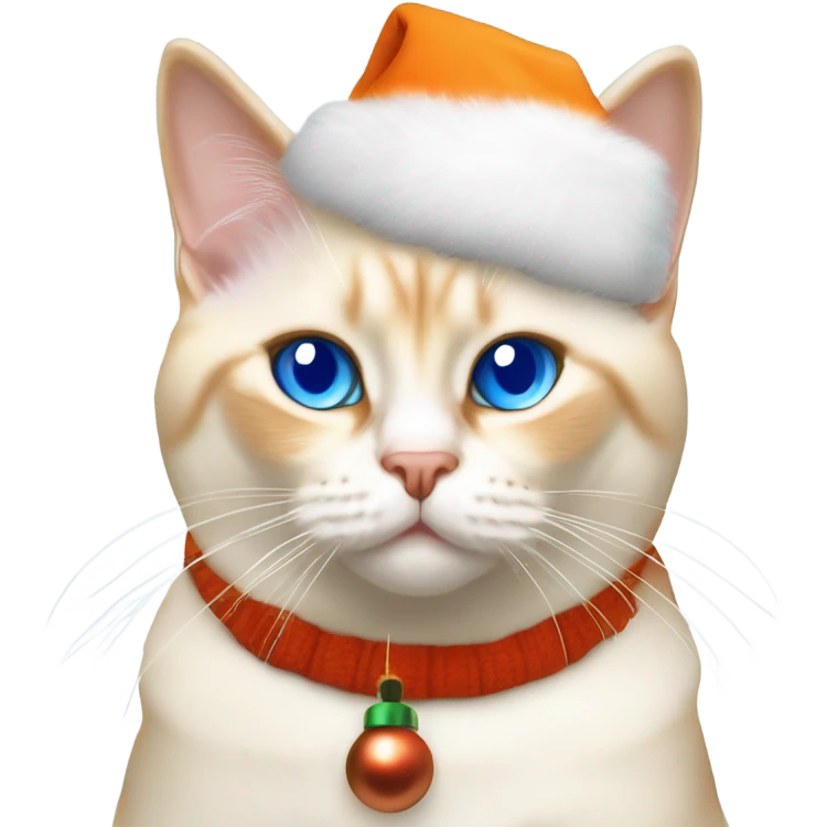 chubby flame point Siamese, white fur with orange accents and blue eyes wearing a Christmas hat ￼ emoji