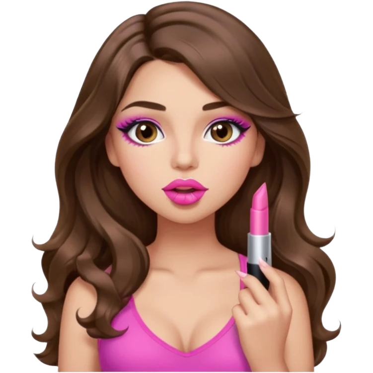 girl with long wavy brown hair, brown eyes, light to medium complexion, in a pink sexy top, pink lips, long lashes, puckered lips, putting on lipstick emoji