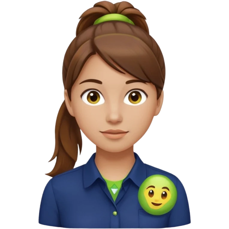 female with brown hair in ponytail, brown eyes, navy blue blouse with lime green Indie Services logo, emoji style emoji