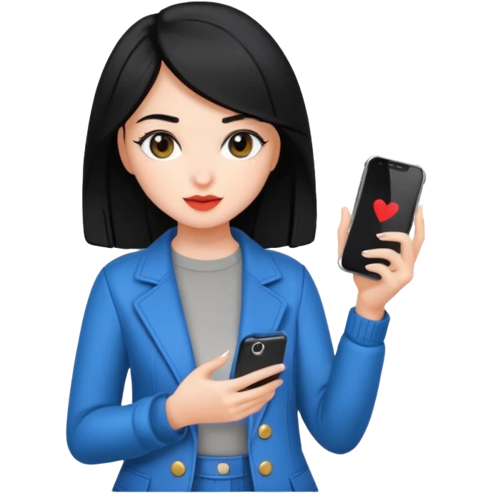 influencer girl black haired, phone in hand, recording herself, confident, trendy, emoji