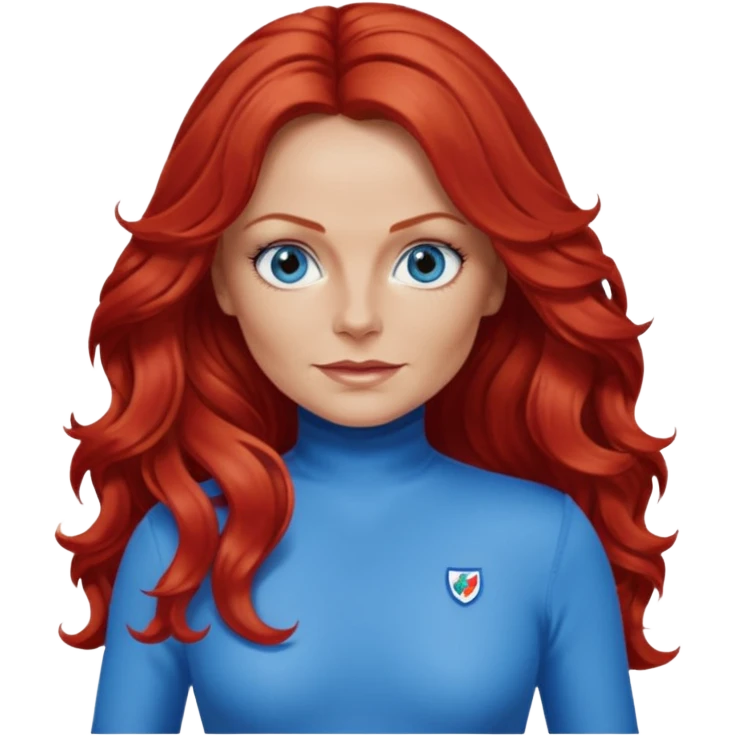 Geri Halliwell with red long hair, blue eyes, red outfit emoji