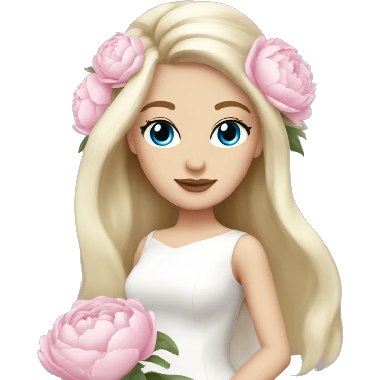 White bride with long light blonde hair and blue eyes with light pink peonies in hair white skin  emoji