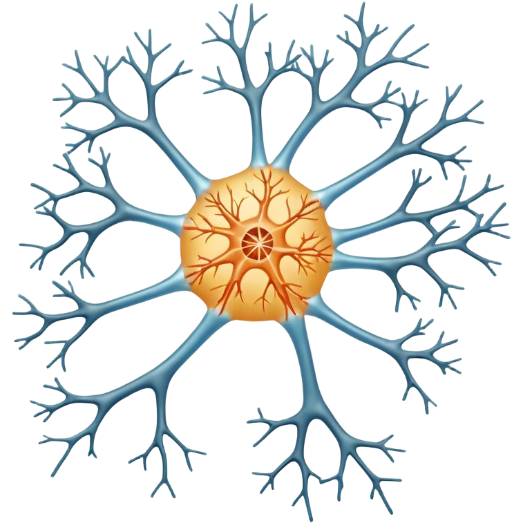 A unilateral scientifically accurate nerve cell with the 3 main components, dendrites on the cell body on one side , a long axon and a few dendrites at the other side. Not a spherical or round nerve cell, a long body nerve cell emoji