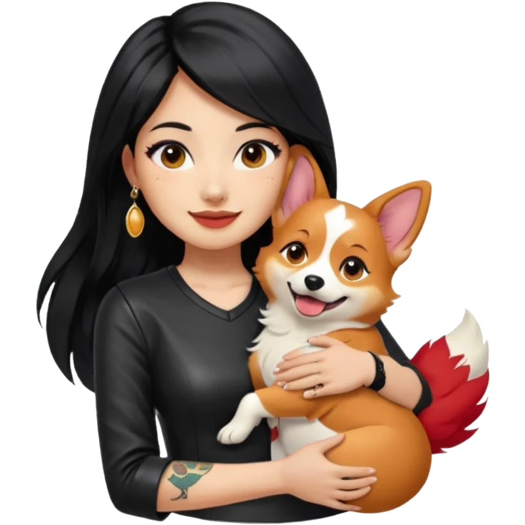 expressive emoji of an Asian girl with long black hair and wispy deep-parted side bangs, wearing a black leather dress, gold earrings, false lashes, and a 3/4 sleeve tattoo on her left arm, hugging a happy red head tri-color corgi, simplified, clear, emoji-like emoji