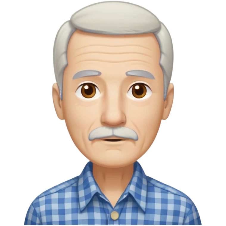 Thin elderly man with light skin. Elongated face with kind expression. Light brown eyes. Thin eyebrows. White goatee and white mustache. Fine straight gray-white hair combed back with some bangs falling on forehead. Slim build. Wearing a blue and beige checkered button-up shirt. emoji