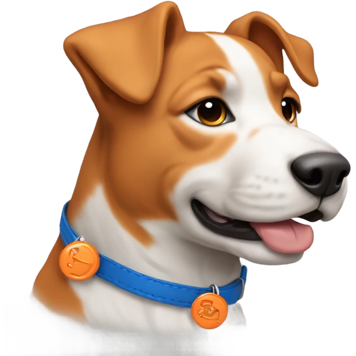 happy cute american stafford with simple blue collar with orange pendant from half side perspective emoji