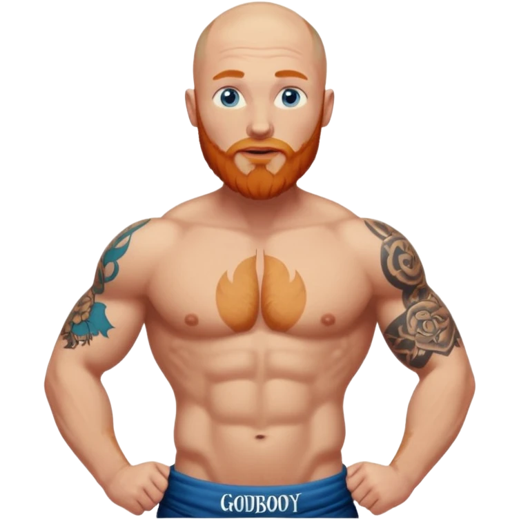 bald guy with a ginger beard, blue eyes and muscles with "GODBODY"  tattoo on stomach only, no abs  emoji
