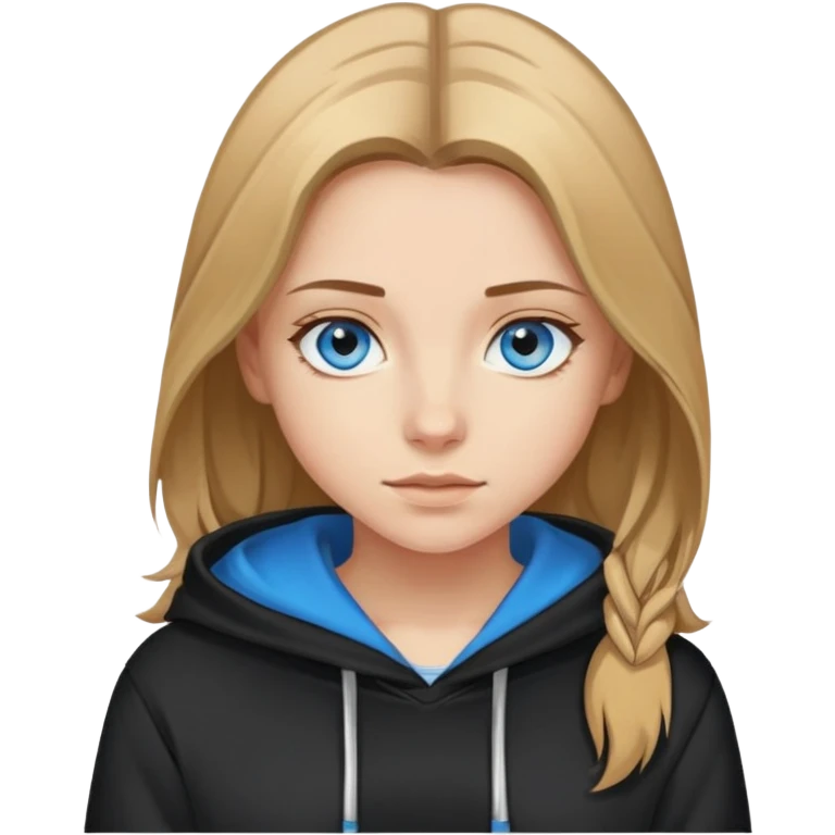 girl with blue eyes, shoulder-length brown hair with blonde highlights, wearing a black hoodie emoji