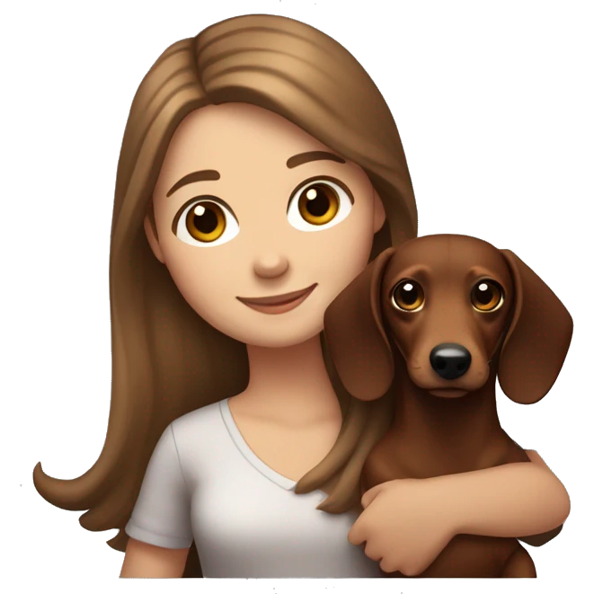 White girl long brown hair smiling and brown eyes with long eyelashes and holding a dachshund  in her arms emoji