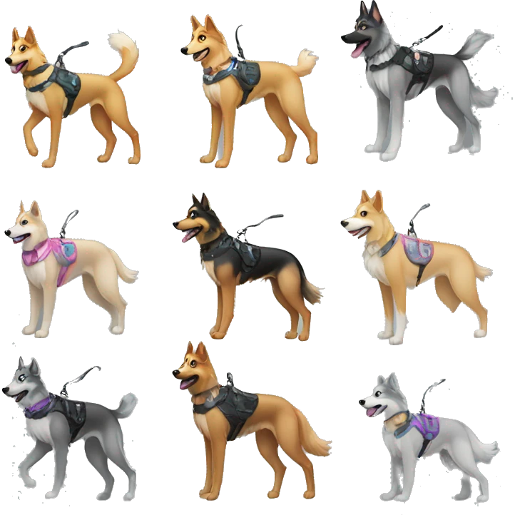 Fluffy dog saluki German shepherd husky with tattoos and holographic harness running emoji