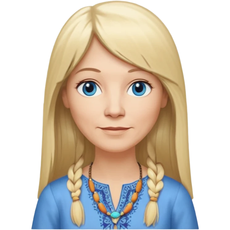50 yr old white woman, hippie part bangs, very long straight blond hair, oval face, small smile, blue eyes, thin face, hair downback, hair parted at center of head, round cheeks, pale, longer hair, dress shirt emoji