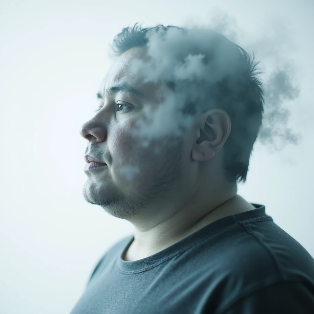 Double exposure image: half face of obese person, half a cloud or fog symbolizing mental slowdown, hyperrealistic 4K details. emoji