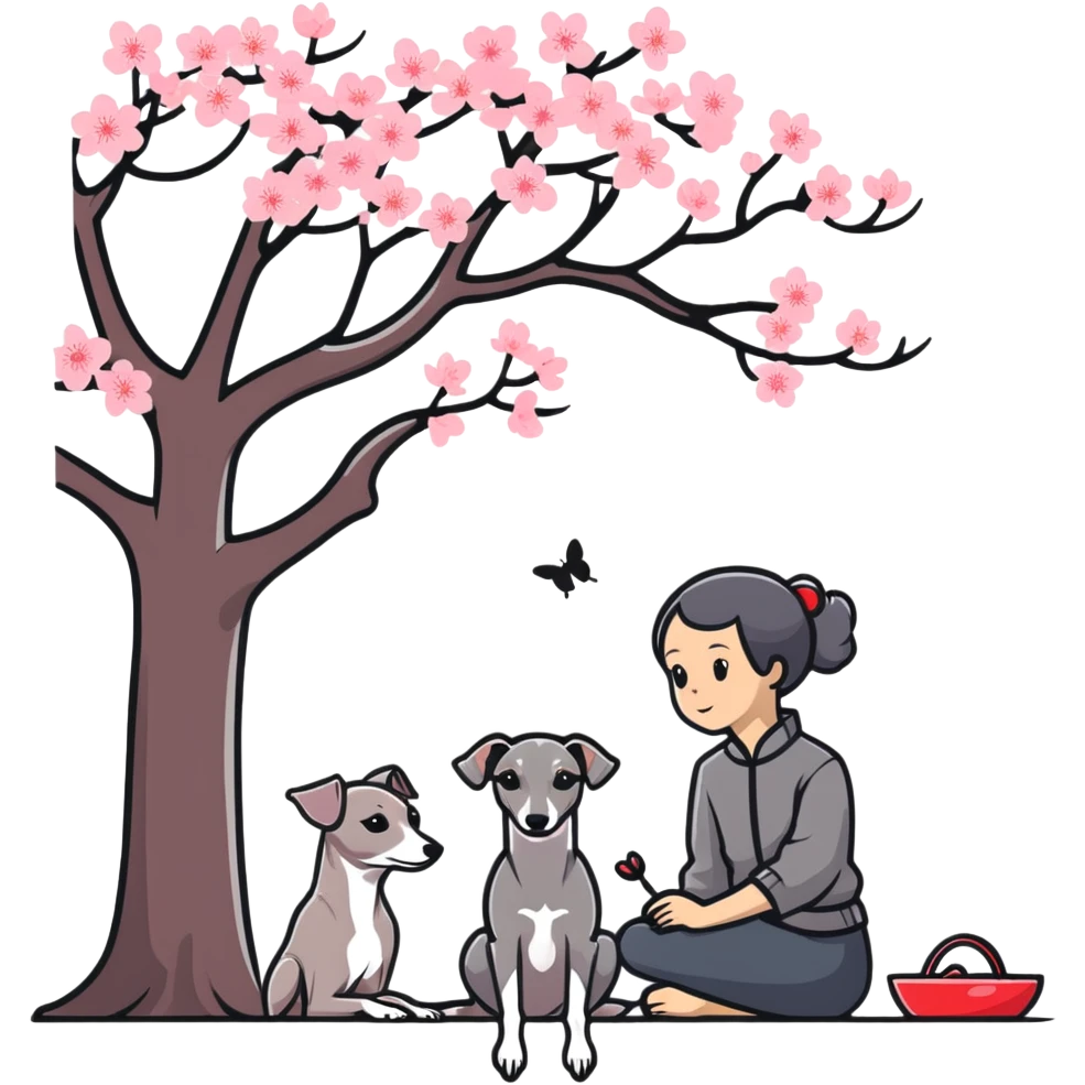 A young Chinese girl and a grey Italian Greyhound sitting under a cherry blossom tree emoji