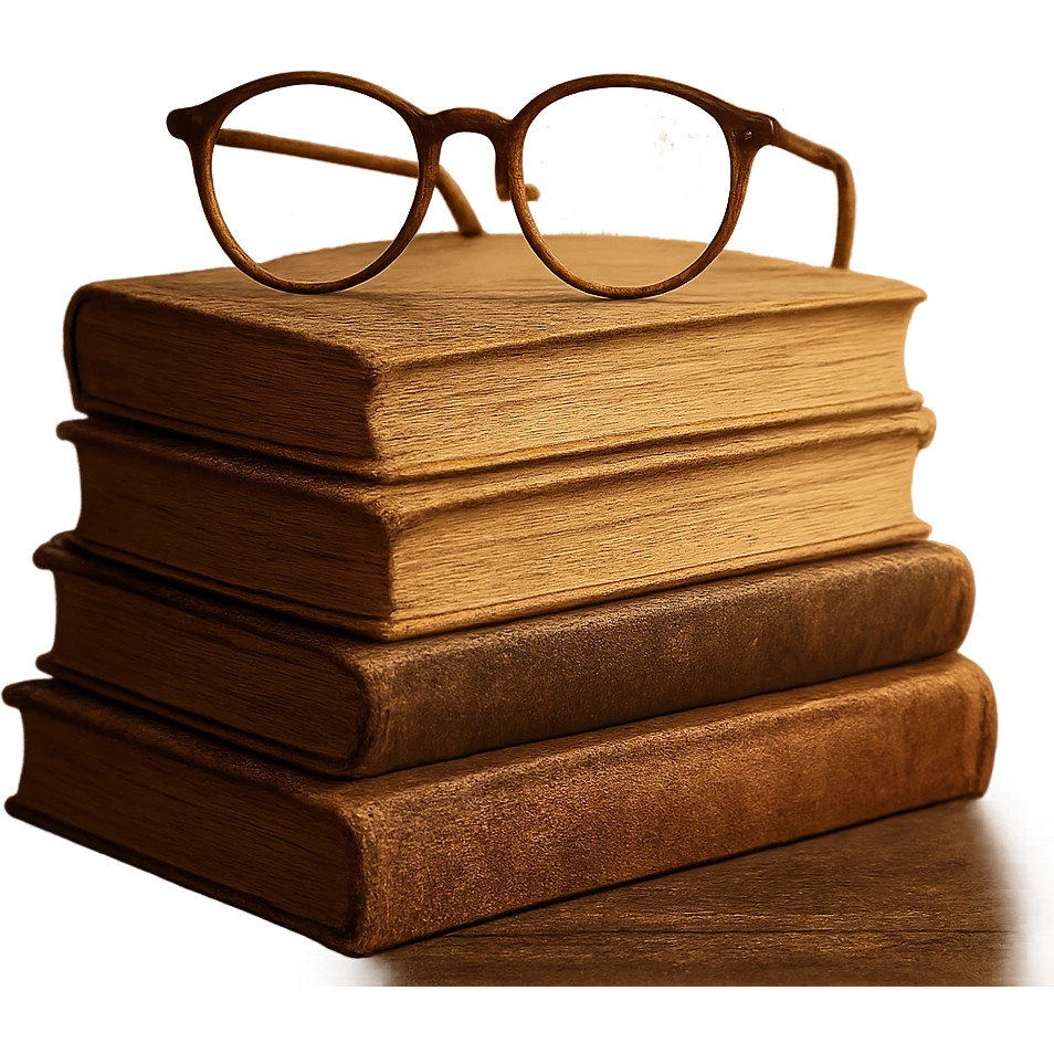 cozy stack of books with reading glasses, warm and inviting emoji