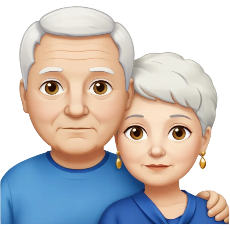 Una abuela italiana blanca de ojos marrones con cabello corto blanco y aretes de oro, junto a su esposo de ojos azules abuelo de piel blanca italiano un poco gordo con pelo blanco corto  emoji