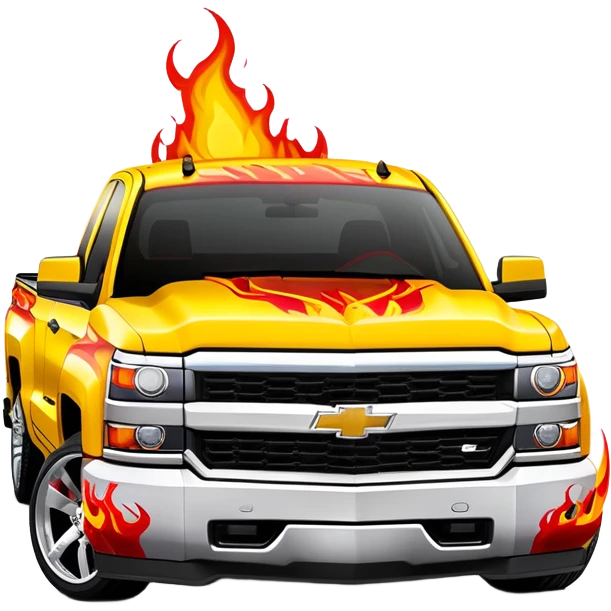 Bright yellow Chevrolet Silverado with bold airbrushed red flame artwork covering entire hood and extending to fenders, authentic Kill Bill custom paint job, 30-degree angle, iOS emoji style emoji