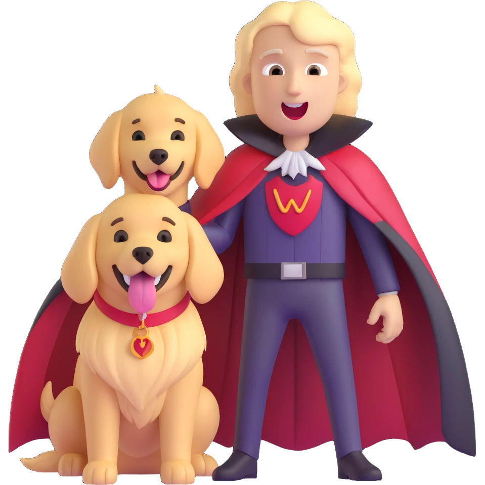moody vampire with cape on the left, and cheerful golden retriever with tongue out on the right, both in one emoji emoji