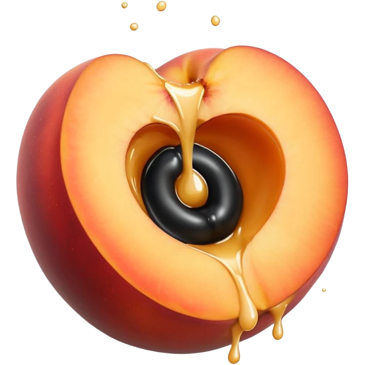 black hole in the middle of a peach. milk is leaking out of the hole emoji