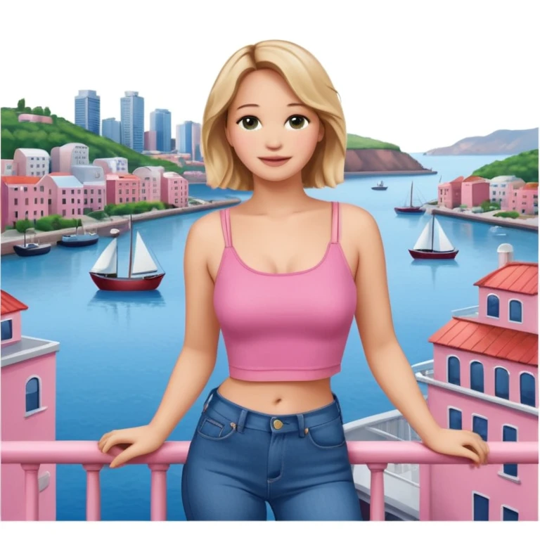 jennifer lawrence, pink crop top, and blue jeans, leaning on a balcony with a harbor and cityscape in the background, smiling emoji