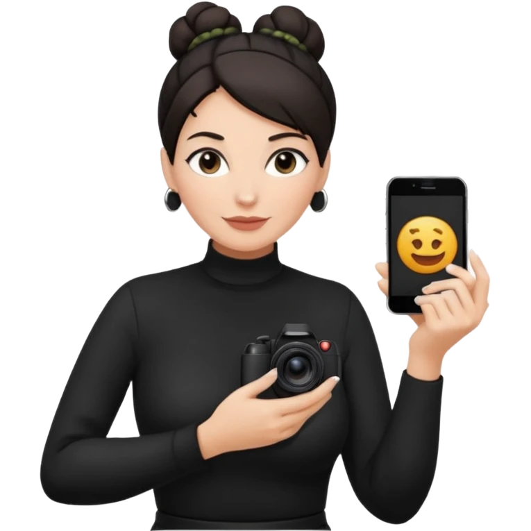 48 year old woman photographer with dark hair in a bun, wearing black clothes emoji