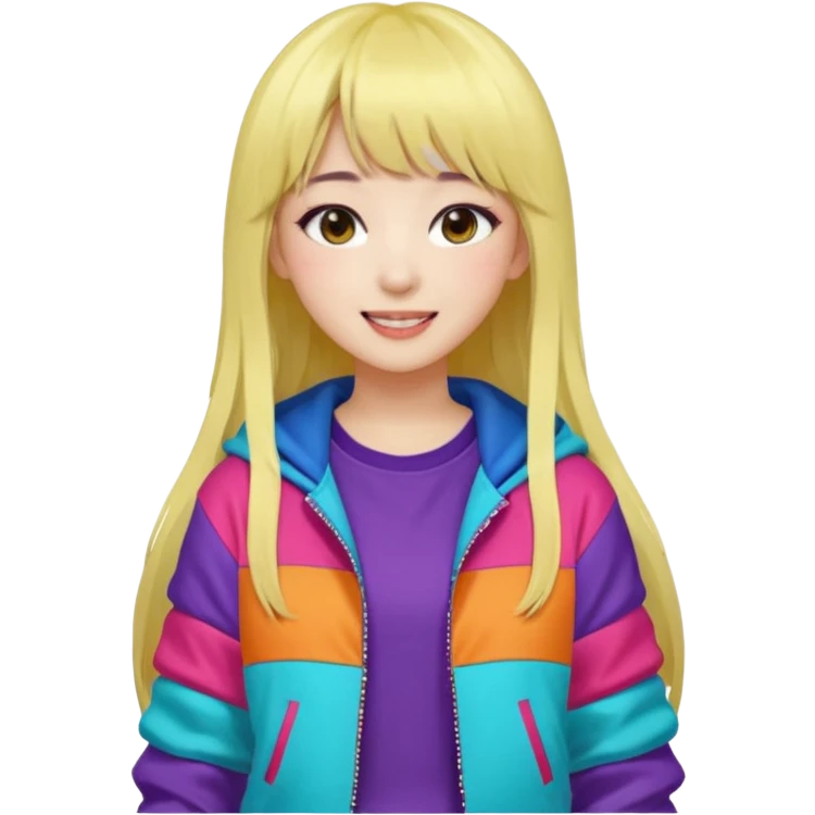 Portrait of a female K-pop idol, wearing a stylish streetwear outfit with layered colorful clothing, long hair with bangs, makeup,  emoji