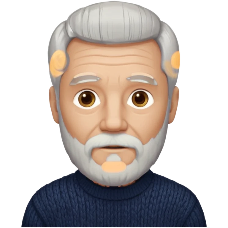 Пожилой мужчина с седыми волосами и аккуратно подстриженной бородой, спокойный взгляд, классический тёмный свитер или пиджак, образ сдержанный и интеллигентный. emoji