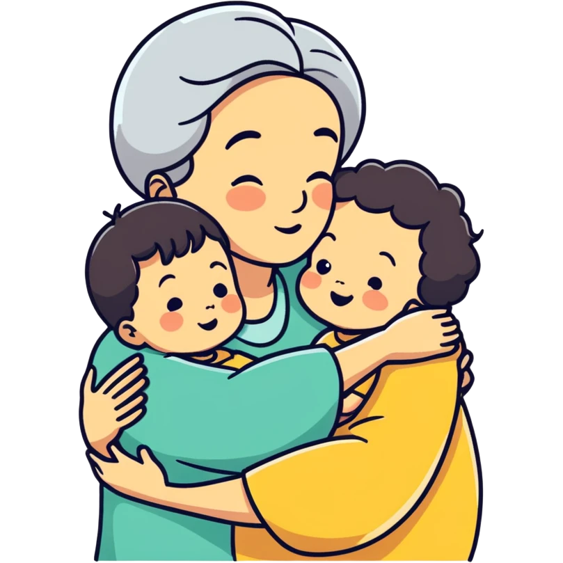 Grandma hugging 4year old and 2 year old and newborn emoji
