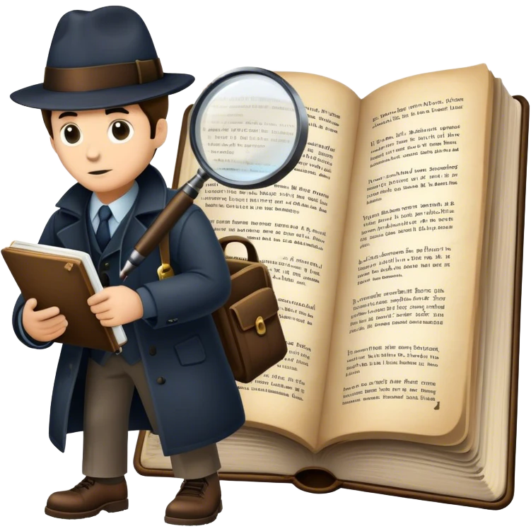 Icon for Detective Reading: an open book with text and a magnifying glass, a detective’s hat and a notebook with clues, surrounded by dark shadows and mysterious elements like footprints. Transparent background. emoji