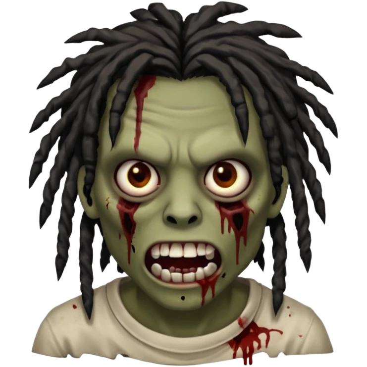 zombie with brown skin, messy black dreads hair, wide centered brown eyes, dark bloody marks under the eyes, and a slightly open mouth showing crooked teeth grillz, giving a distressed, undead look. emoji