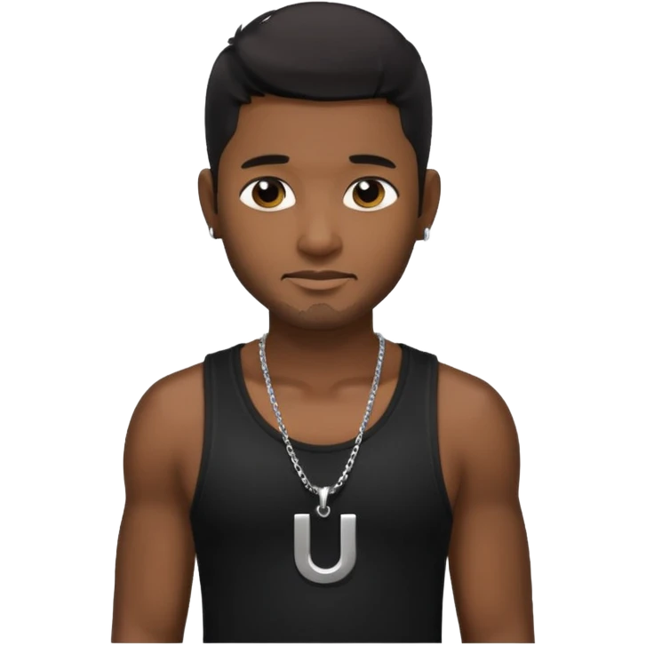 Usher black hair, black tank top with necklace with letter u emoji