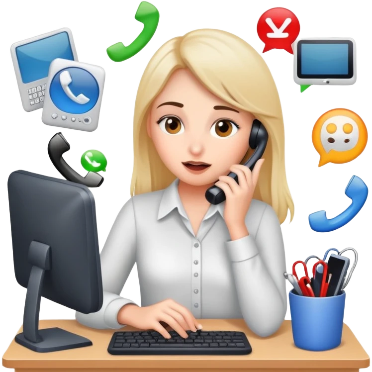 busy girl with a lot of phone calls and work, computer emoji
