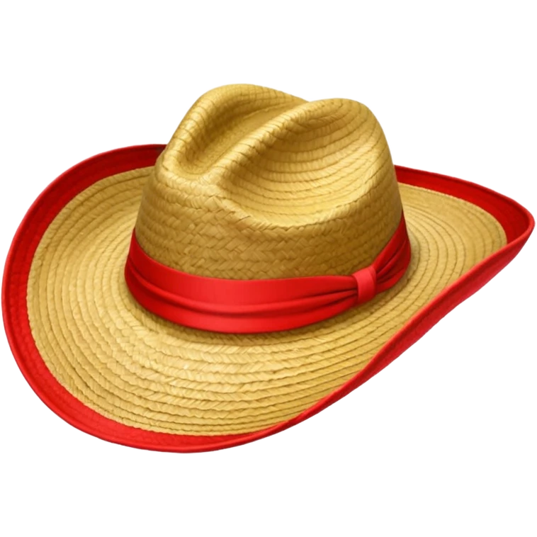 Sombrero de paja con una tira roja en la parte central sin ninguna soporte solo una tira como el de abajo a la derecha sin la flor y sin la tira roja en la parte saliente  emoji