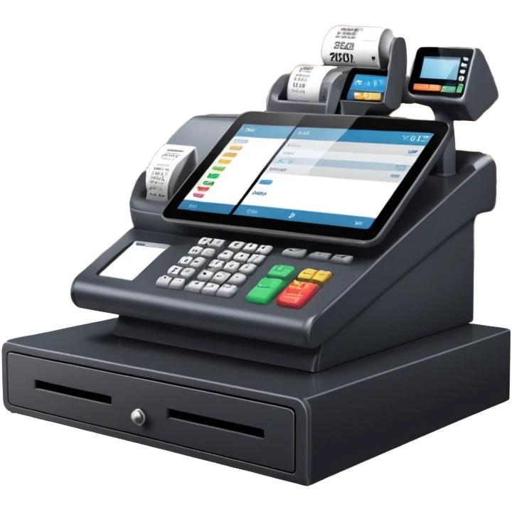 Modern shop cash register on a retail counter, ultra-realistic, 4K, photorealistic POS touchscreen, receipt printing, barcode scanner and card terminal, soft indoor lighting, realistic reflections and shadows, sharp focus, cinematic depth of field, professional photography. emoji